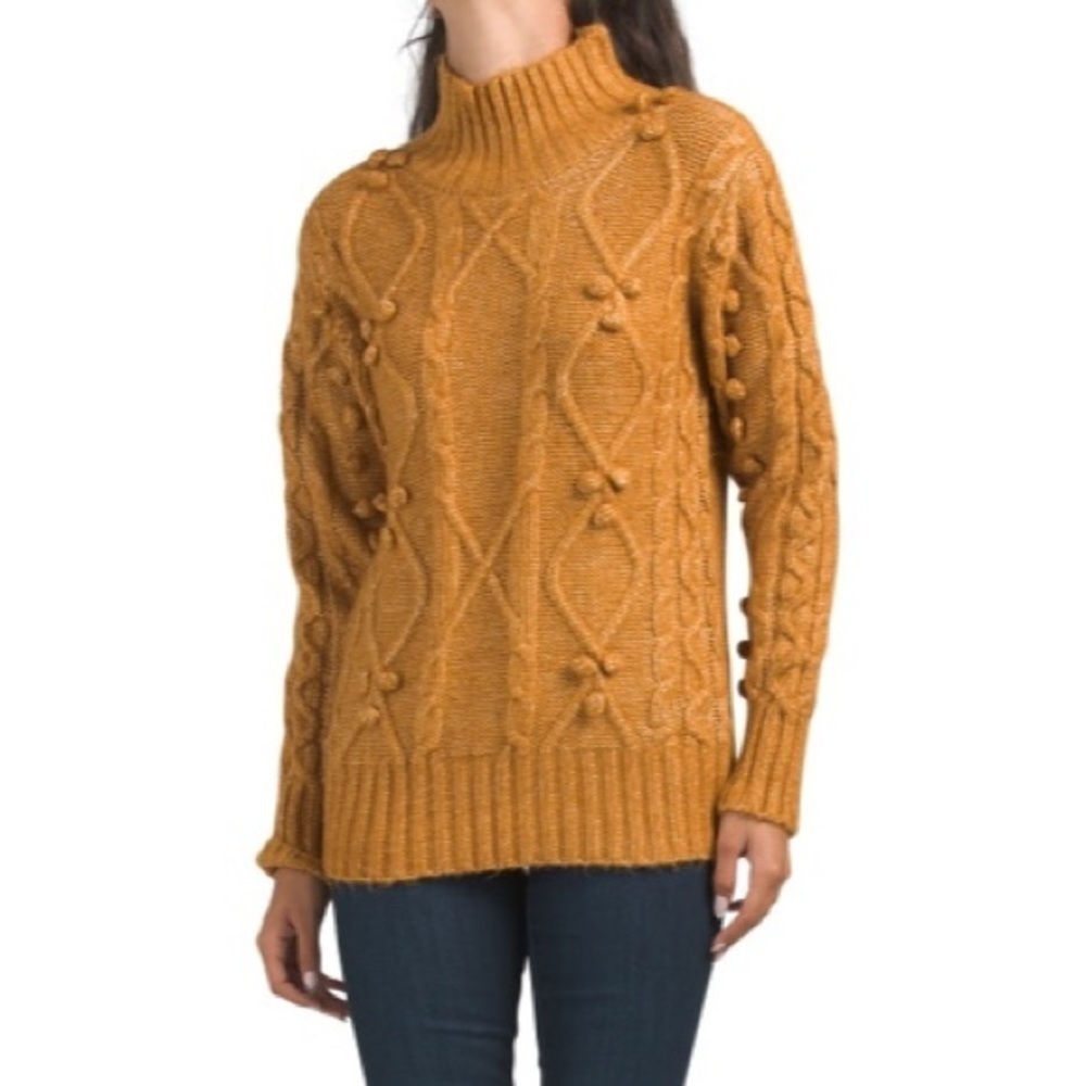NWT Cupcakes and Cashmere Mock Neck Irish Knit Cable Sweater with Poms